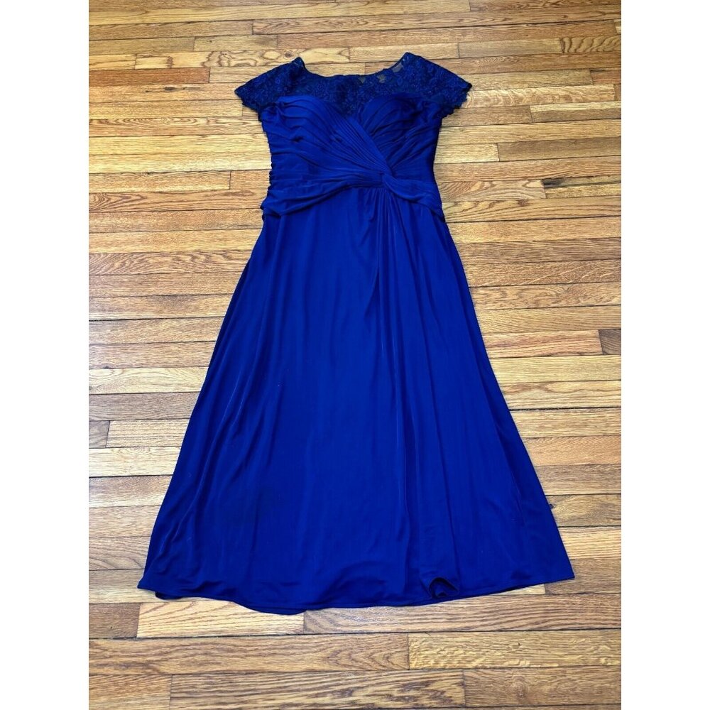 LA FEMME Womens Dress Size 14 Blue Maxi Formal Gown Criss Cross Layered Lacey